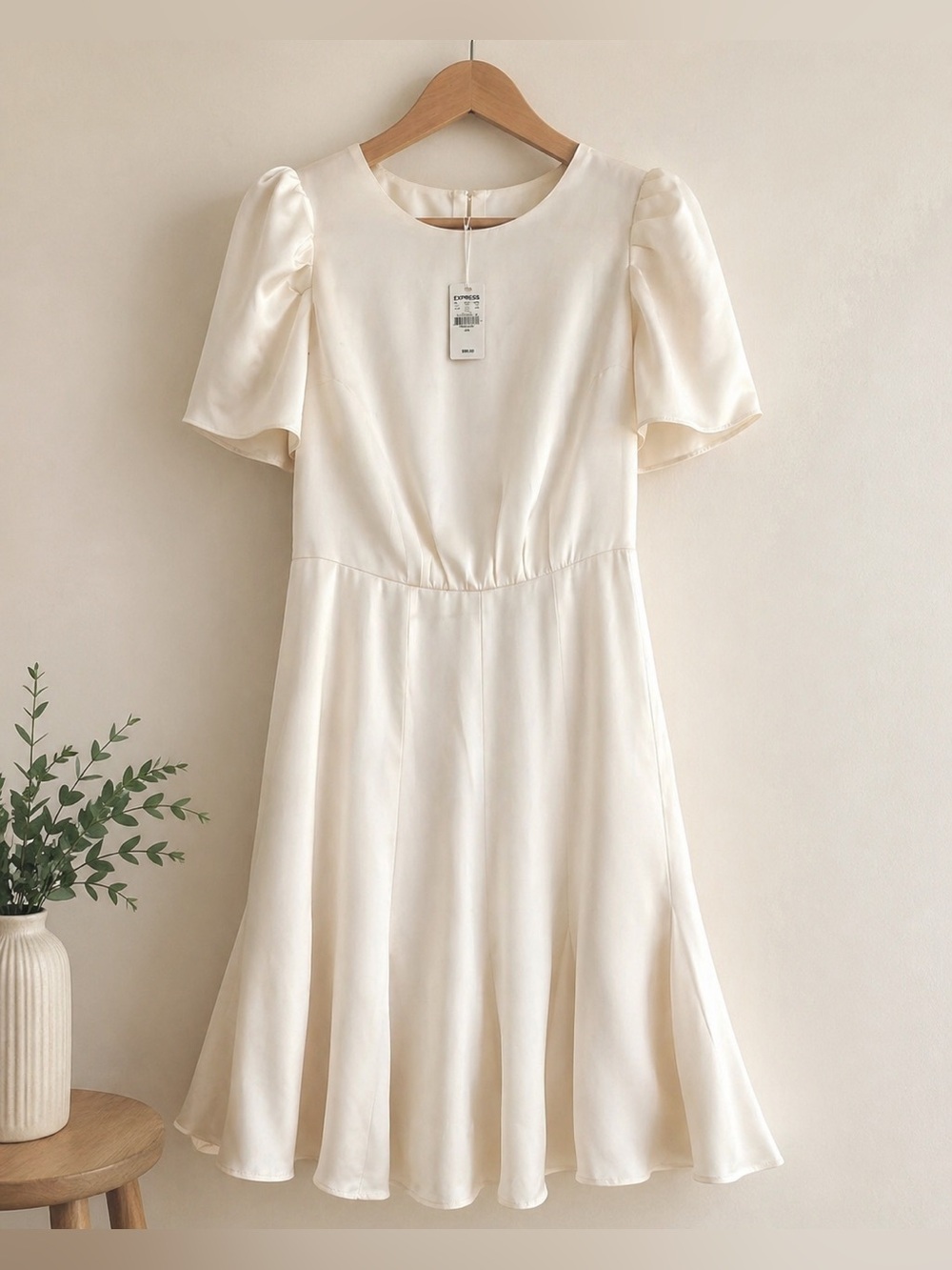 Express Cream A-Line Puff Sleeve Satin Dress